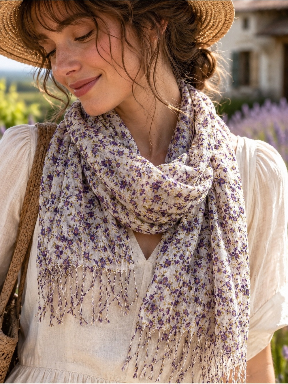 Lavender Floral Fringe Scarf Cottagecore Boho Romantic Gauze Wrap Shawl